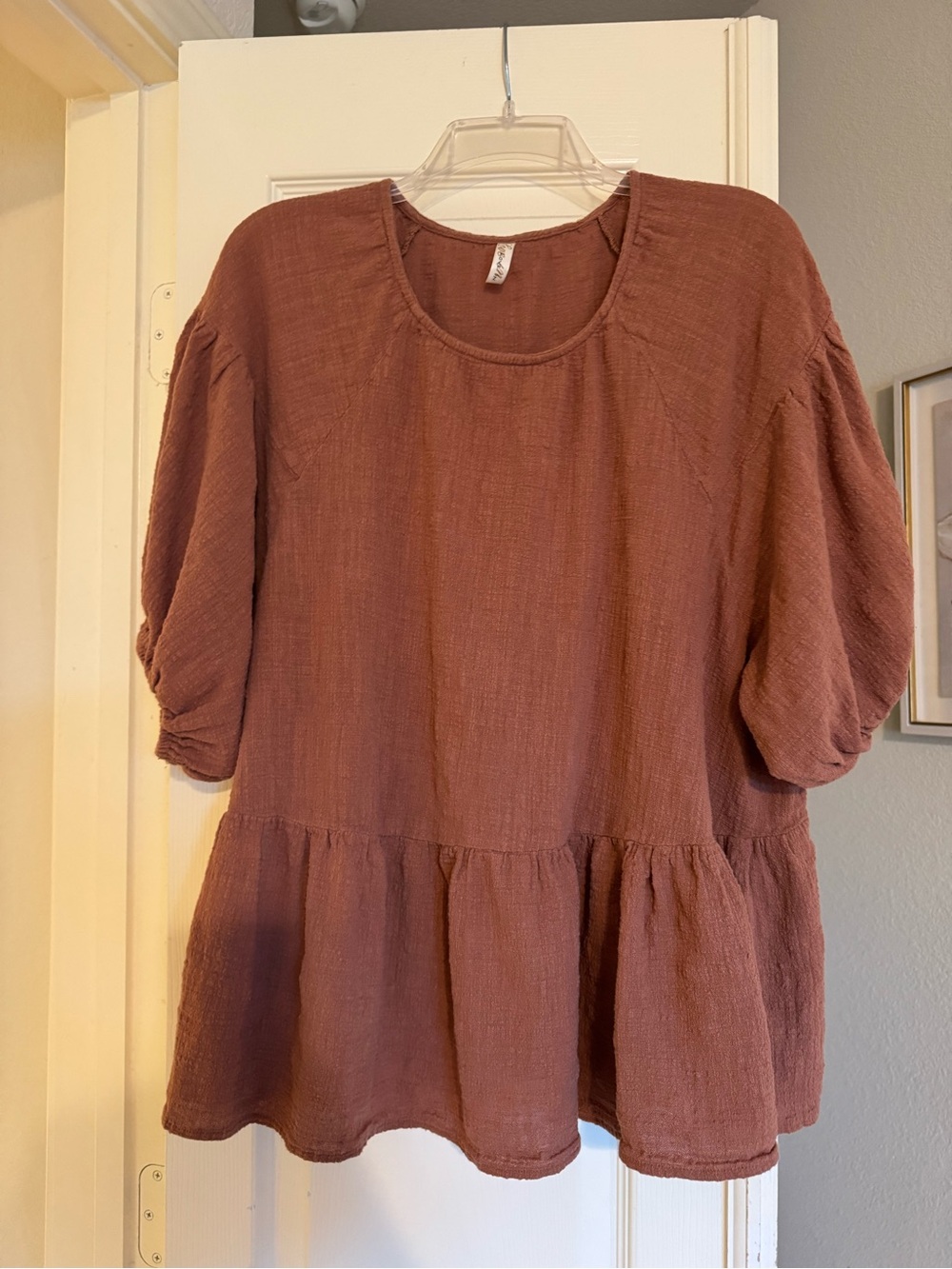 Love in Rust Peplum Gauze Blouse with Puff Sleeves